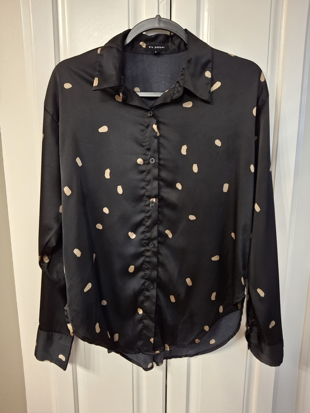 Blu Pepper Black Satin Button-Up Blouse with Cream Dot Print